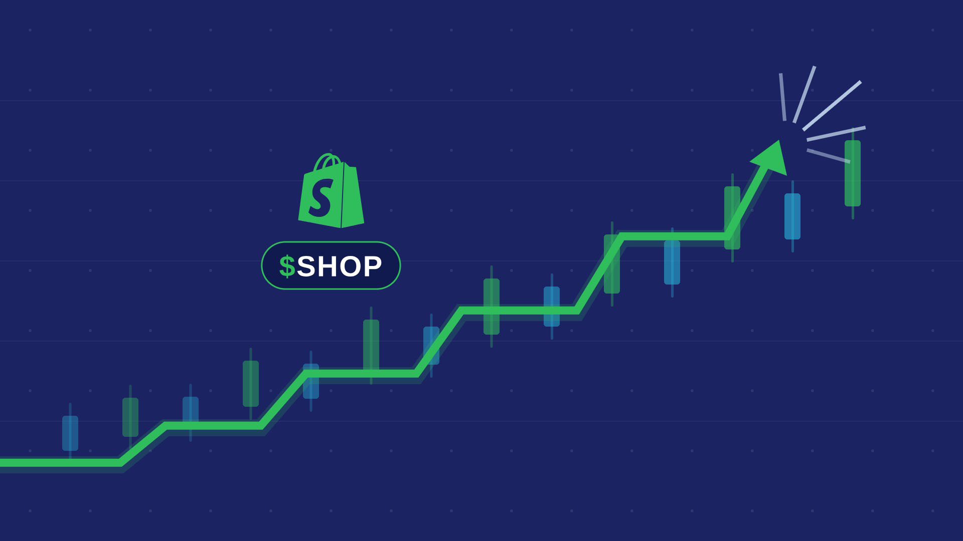 Green stock ticker line surging upward past candlestick bars with the Shopify logo and $SHOP ticker chip, illustrating Shopify Q2 2026 earnings growth