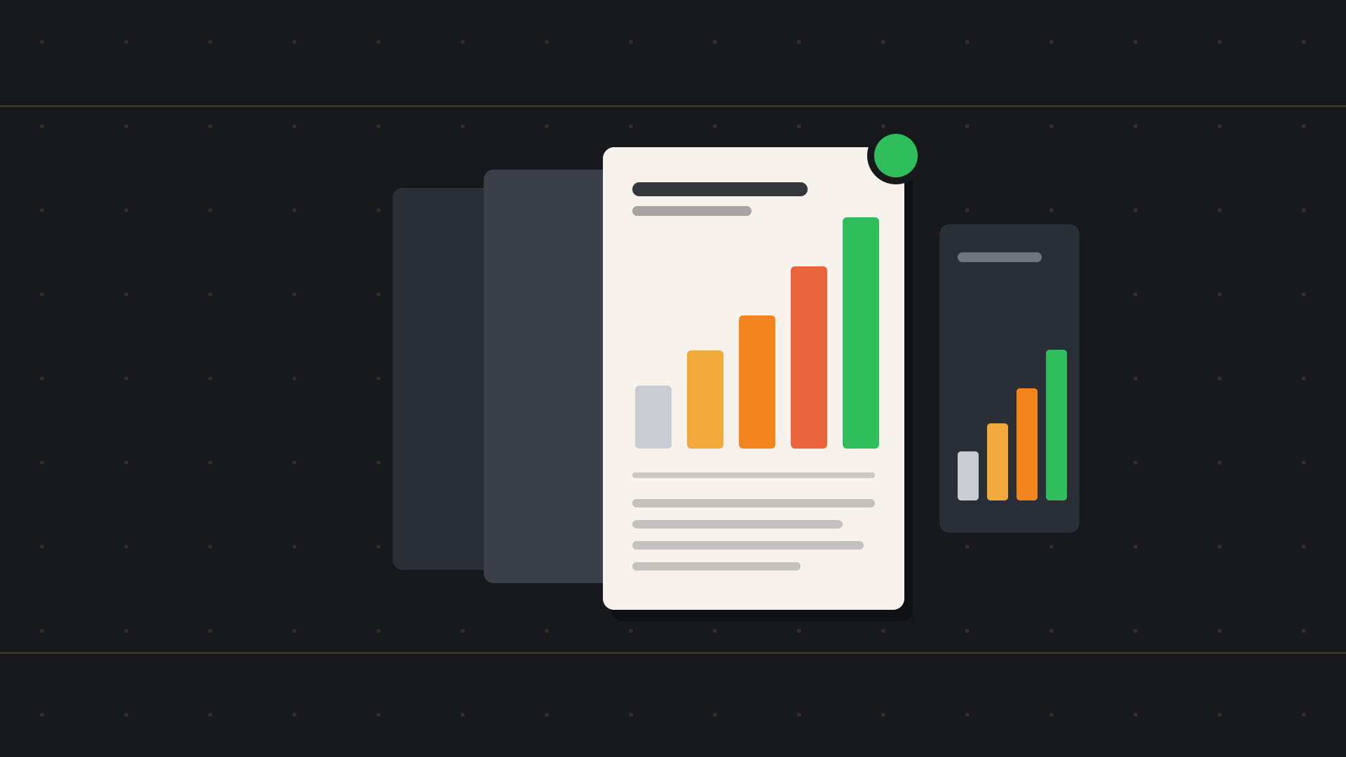 Stacked research report documents with the front report open to a rising bar chart in amber, orange and green, illustrating new AI eCommerce reports for Shopify merchants