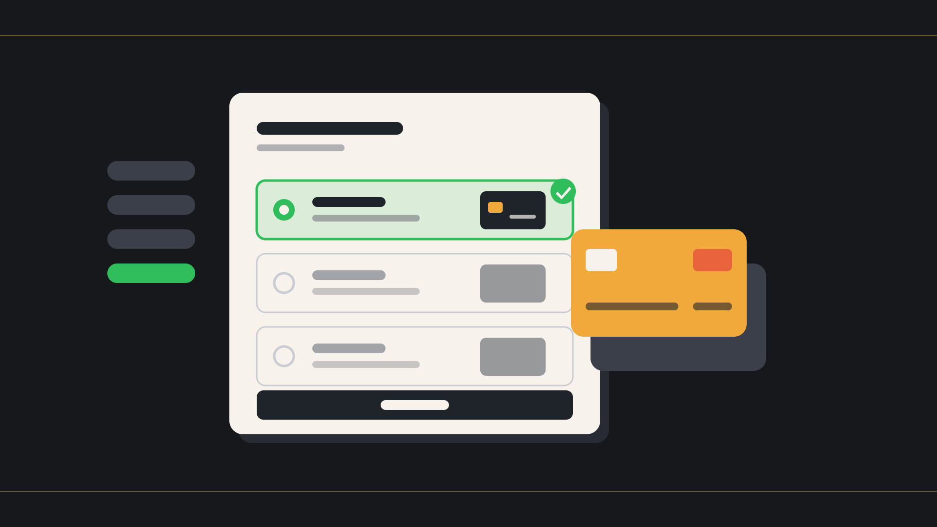Illustration of a Shopify checkout with a signed-in customer's last used payment method preselected, next to a stack of saved cards