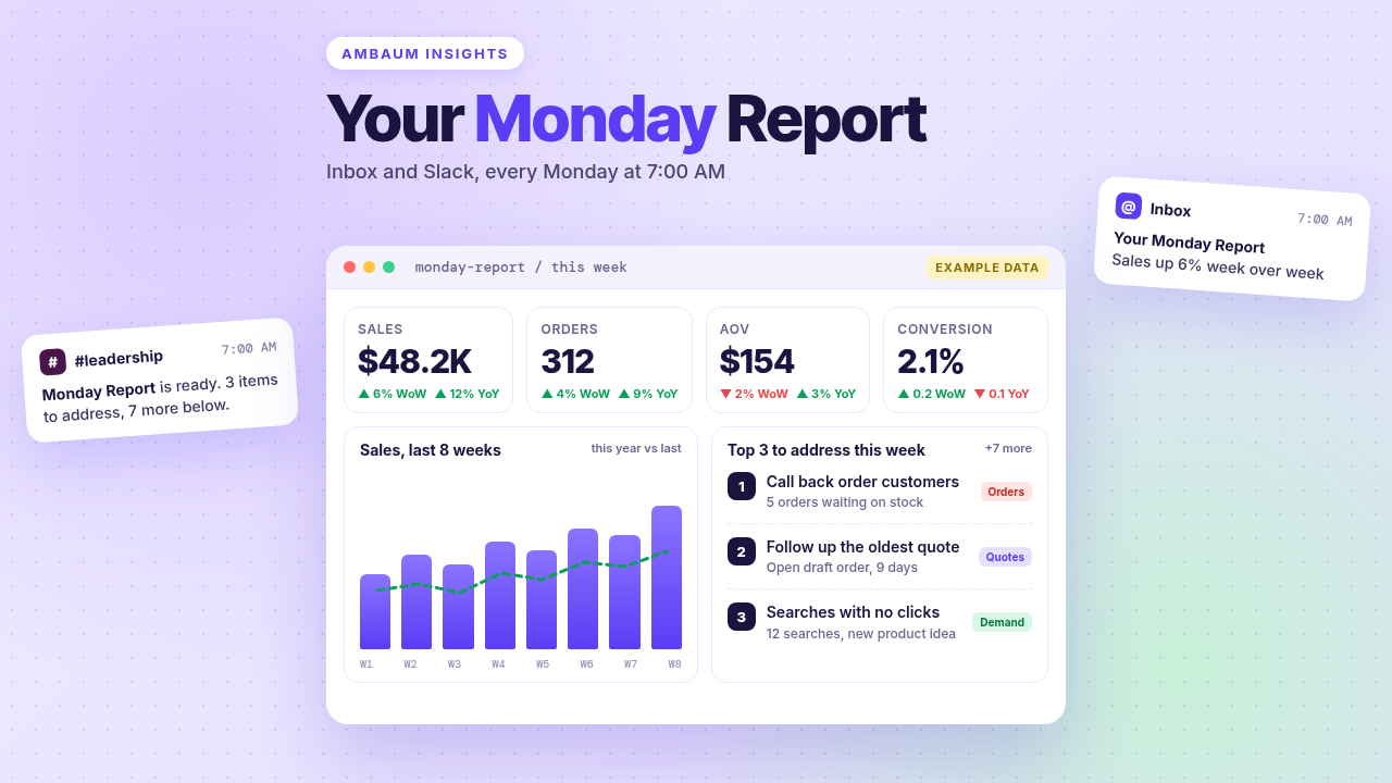 Shopify Monday Report dashboard cover with example KPI cards, sales chart, and Top 3 actions
