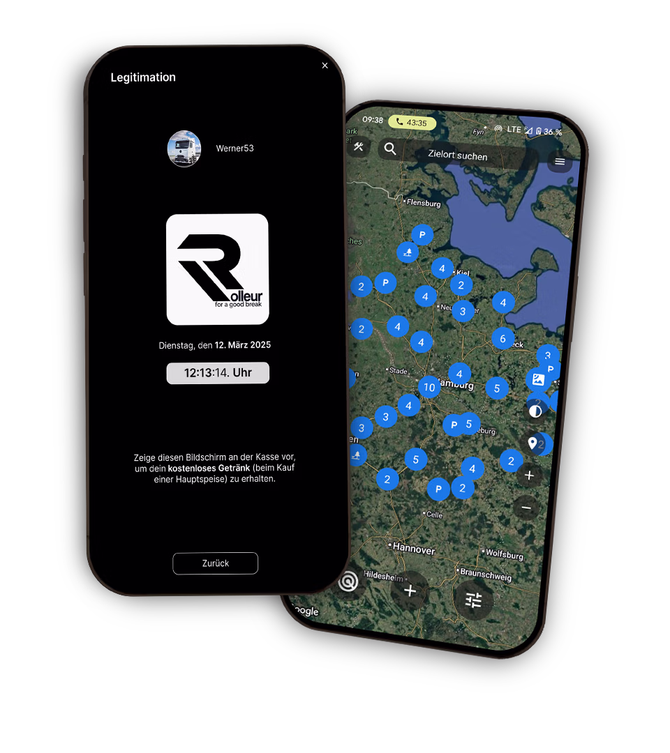 LKW App Mockup Legitimation und Navigation