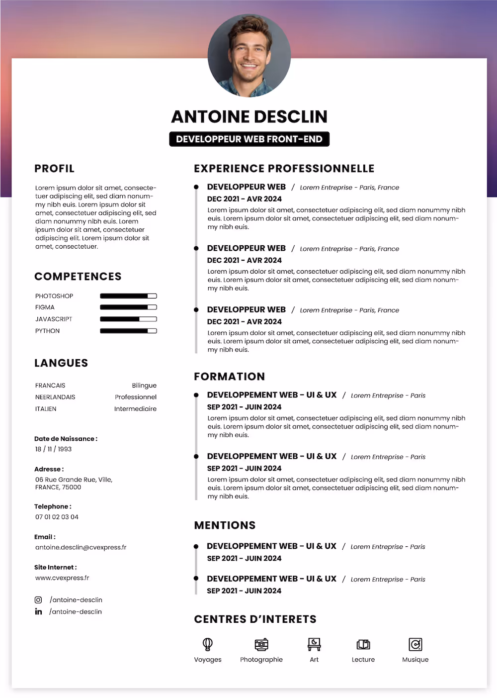 Exemple de CV sans expérience avec mise en page claire et sobre