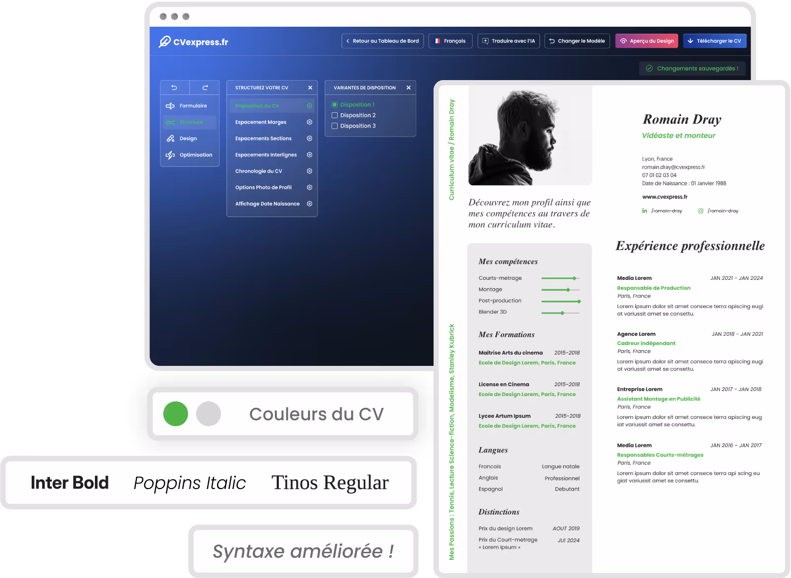 Exemple visuel d’un CV conçu avec le générateur en ligne et ses nombreuses options