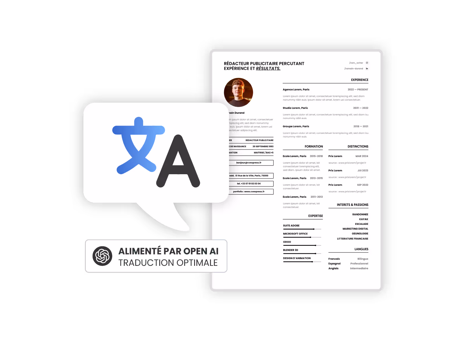 Candidature professionnelle multilingue créée grâce au traducteur intelligent intégré