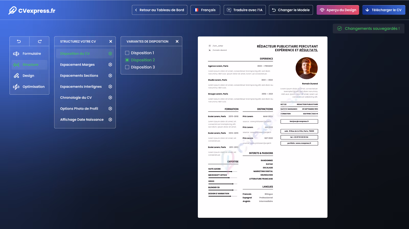 Tableau de bord de l’outil en ligne avec fonctionnalités de personnalisation et compatibilité ATS