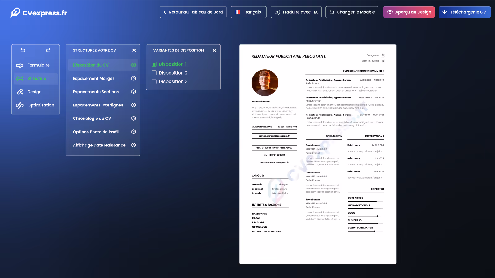 Capture d’écran de l’application CVexpress pour personnaliser un modèle de CV contemporain