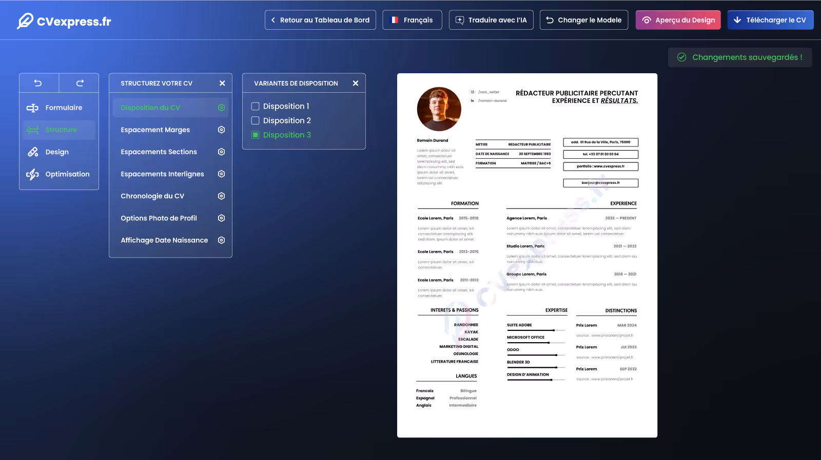 Exemple d’interface utilisateur du générateur de lettres instantané et illimité