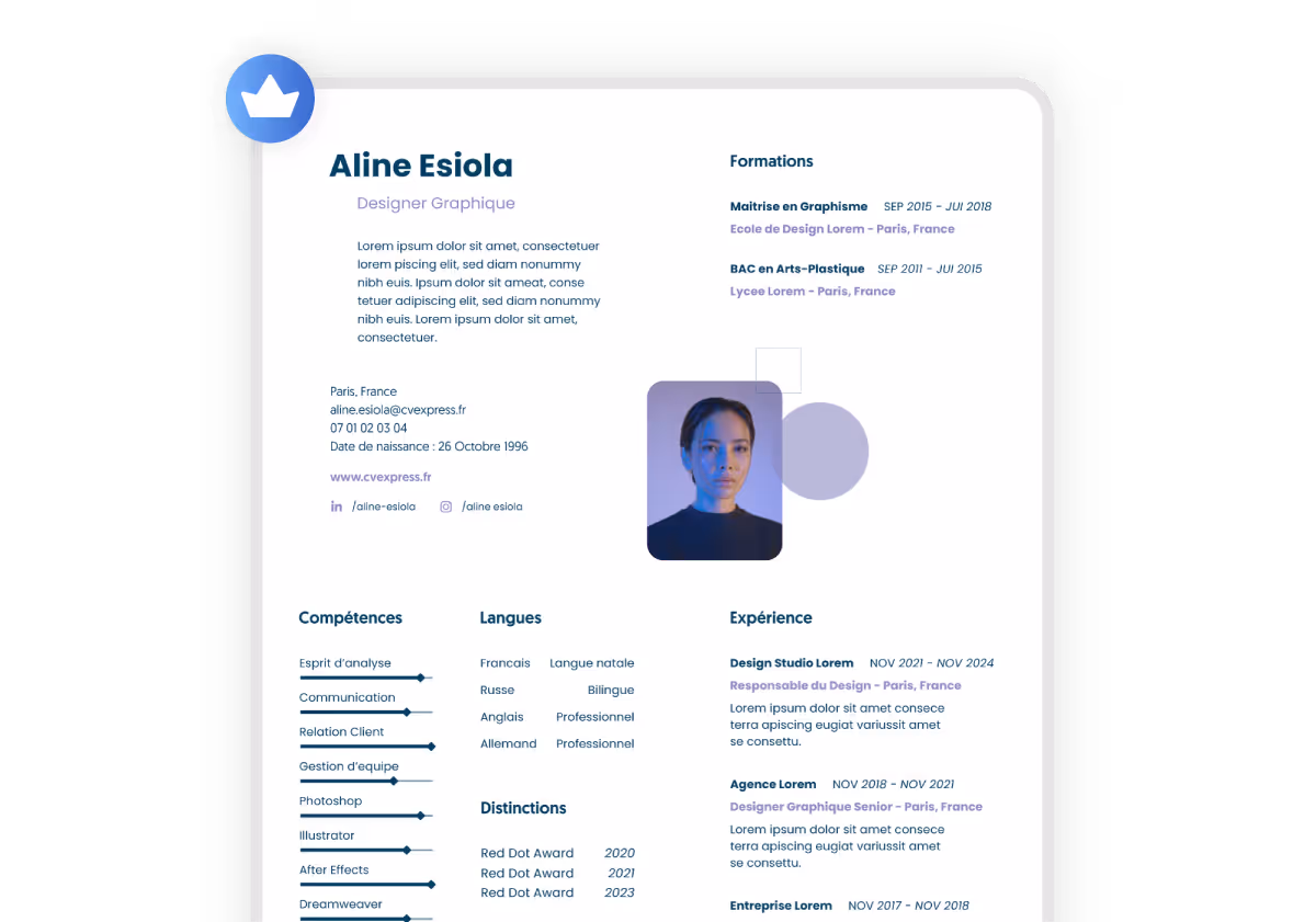 Exemple de CV personnalisable avec choix de couleurs, polices et mise en page