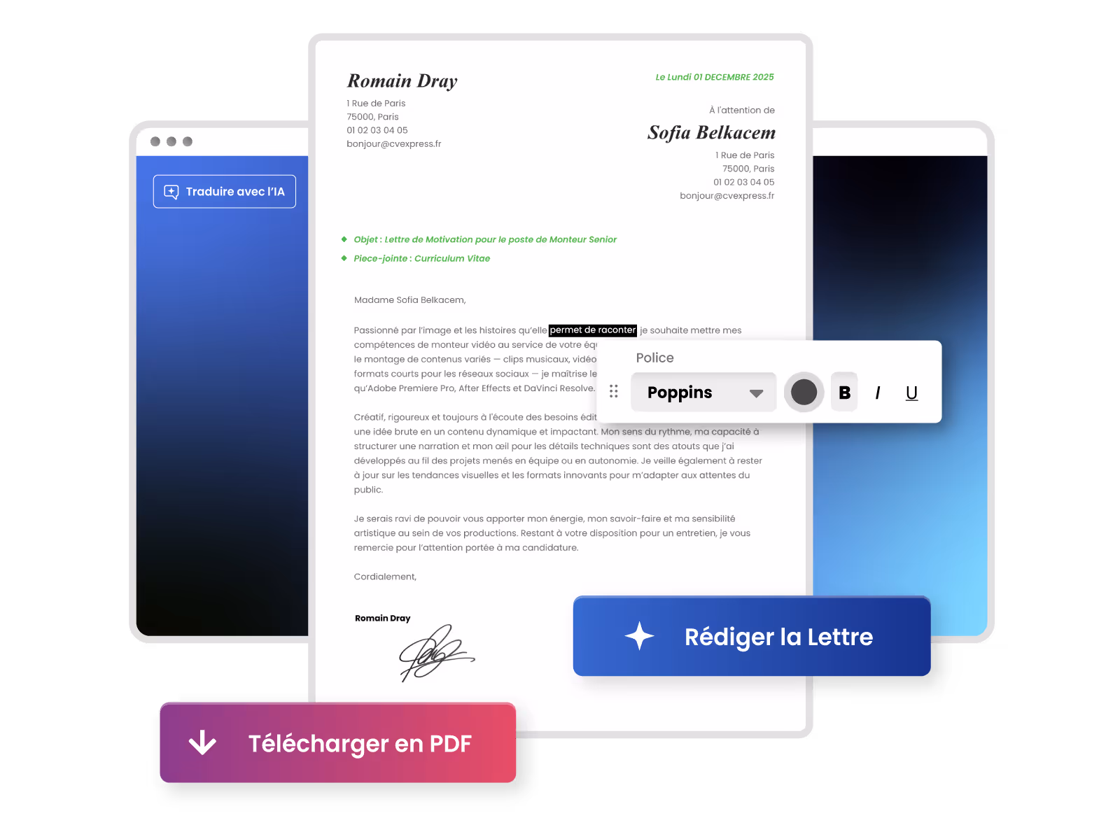 Exemple de lettre-type générée automatiquement par l’IA, personnalisée selon le profil de l’utilisateur