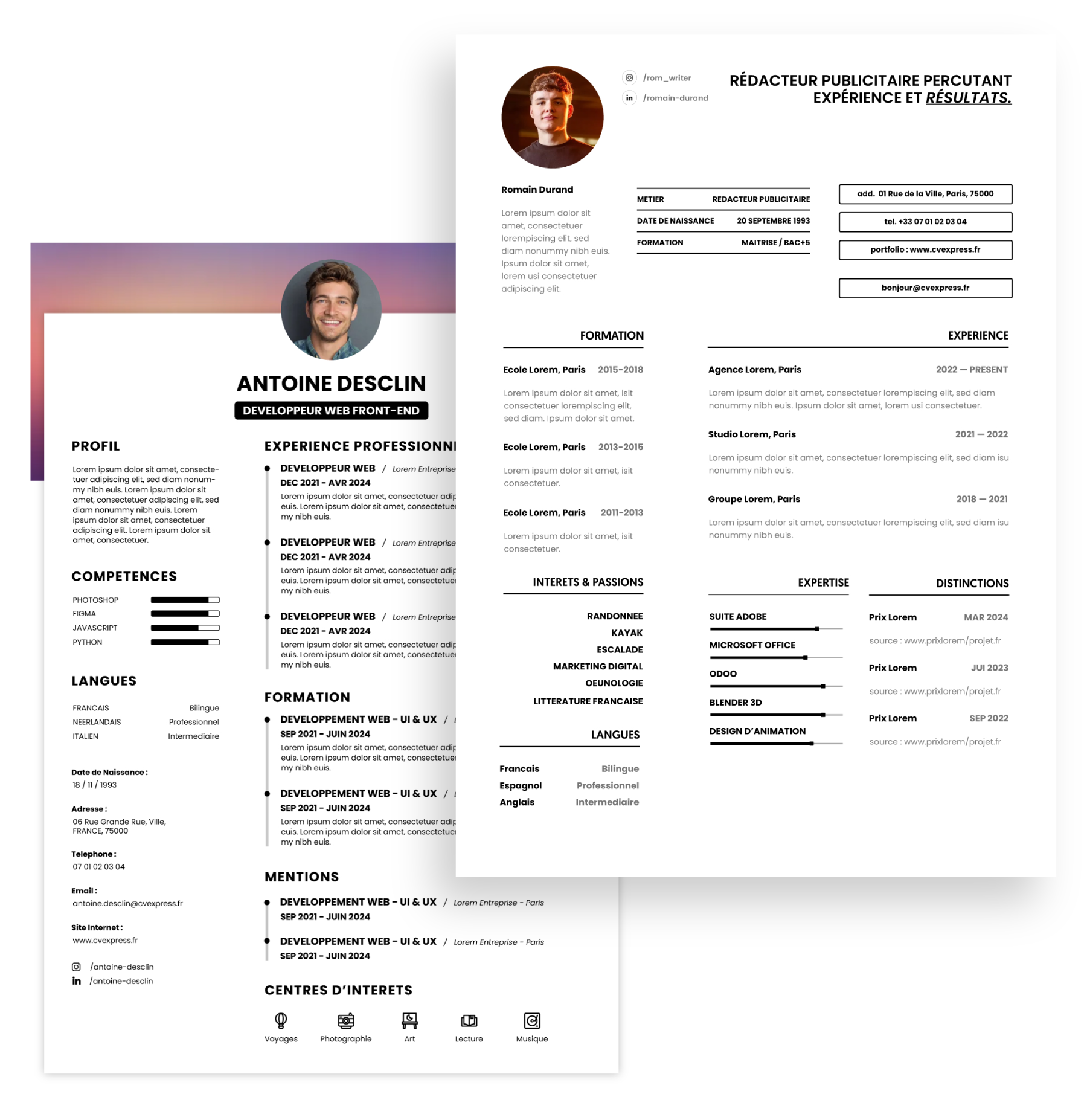 Mise en avant de deux exemples de CV hautement professionnels entièrement créés et personnalisés avec l'éditeur de CV moderne CVexpress.fr