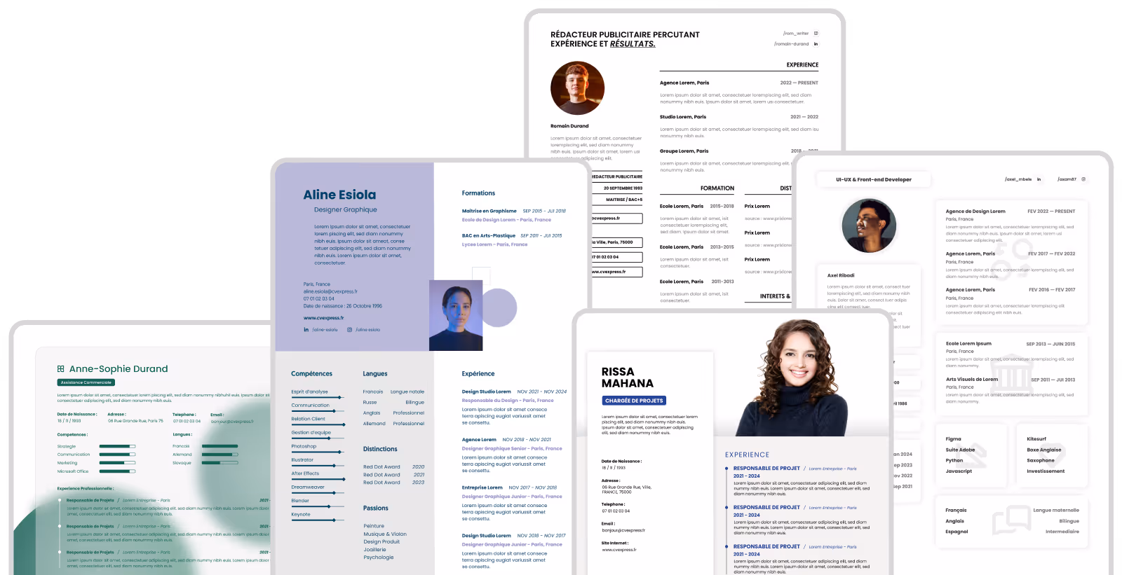 Image représentant un collage de plusieurs modèles de CV hautement professionnels et modernes au design qualitatif conçus pour attirer l'attention des recruteurs instinctivement et efficacement