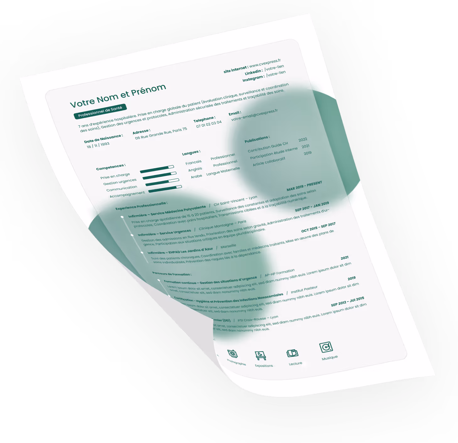 Modèle de CV secteur santé présenté en situation professionnelle