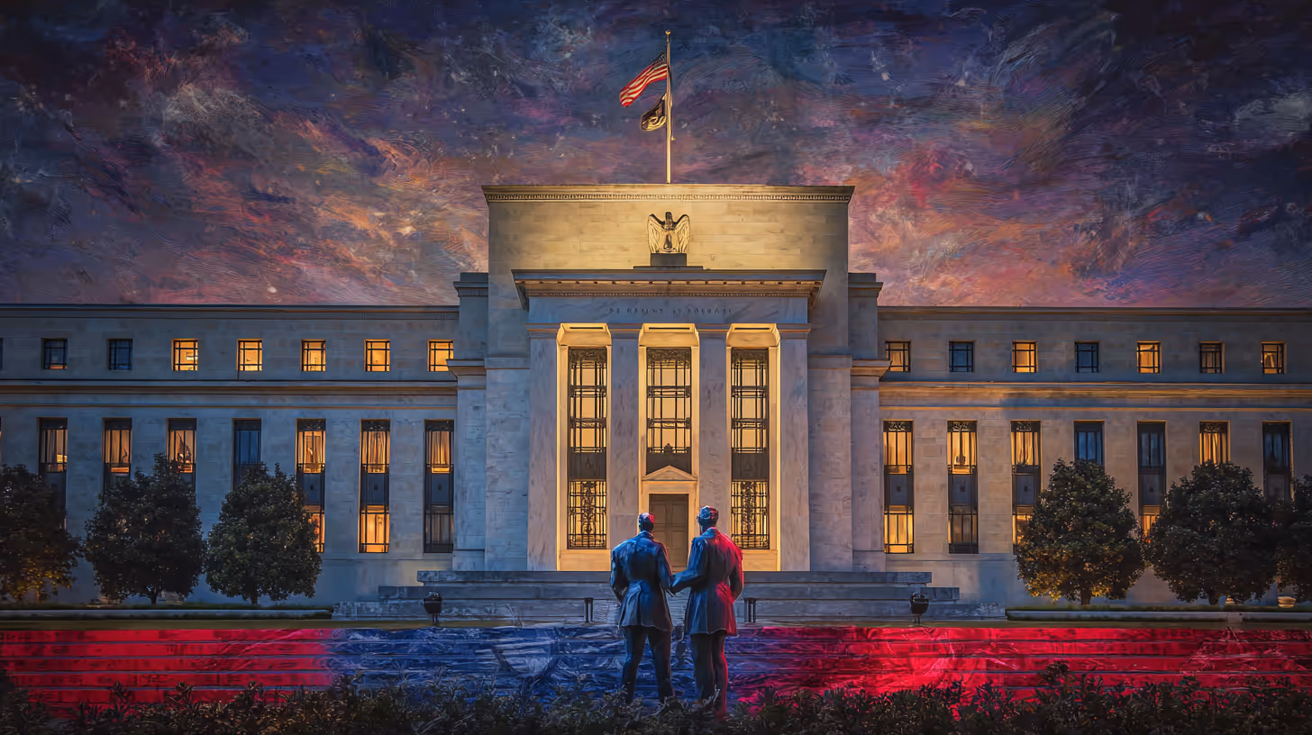 he Federal Reserve building in Washington, D.C., illuminated at dusk with two statues in the foreground and a dramatic, colorful sky overhead.