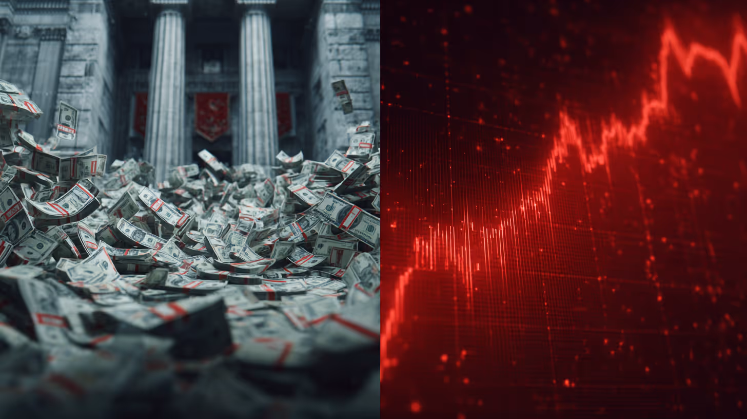 Split-screen image showing piles of U.S. dollar bills in front of stone columns on the left, and a red downward-trending stock market chart on the right.
