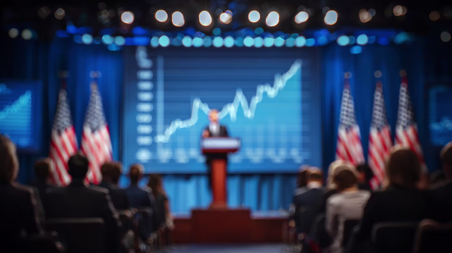 Press conference with speaker at podium in front of large financial chart, audience seated, and multiple U.S. flags on stage.