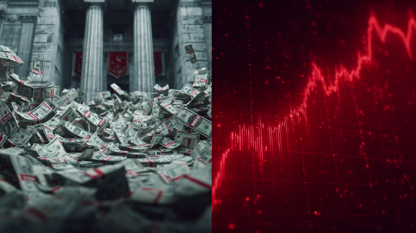 Split-screen image showing piles of U.S. dollar bills in front of stone columns on the left, and a red downward-trending stock market chart on the right.