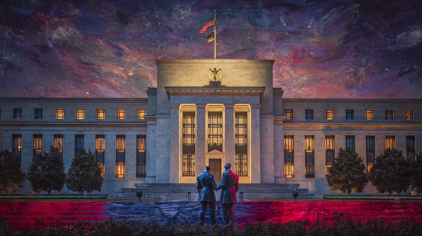 Split-screen image showing piles of U.S. dollar bills in front of stone columns on the left, and a red downward-trending stock market chart on the right.