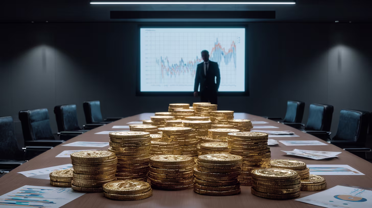 Corporate boardroom table covered with stacks of gold coins, business charts scattered across the surface, and a businessman standing in front of a financial graph on a large screen.