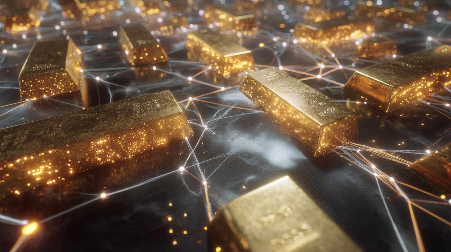 Shiny gold bars connected by glowing digital network lines, symbolizing the intersection of precious metals and blockchain technology.