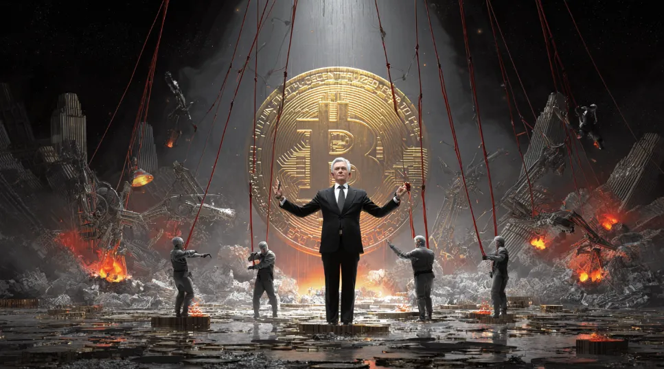 Jerome Powell on a financial stage with gold bars and Bitcoin glowing, symbolizing Fed theater, dollar decline, and Gen Z job loss.