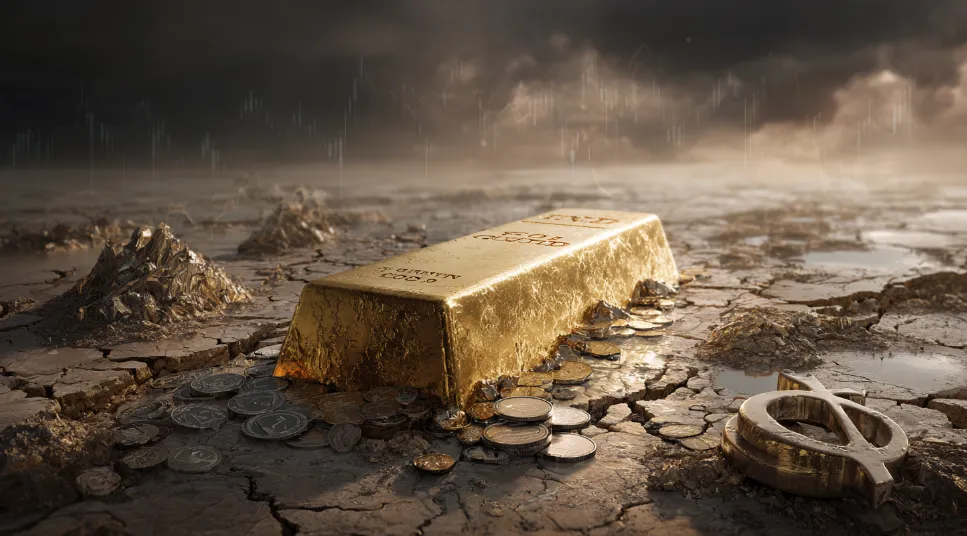 Giant gold bars and silver coins rising as the U.S. dollar crumbles, showing metals outperforming stocks and dollar weakness.