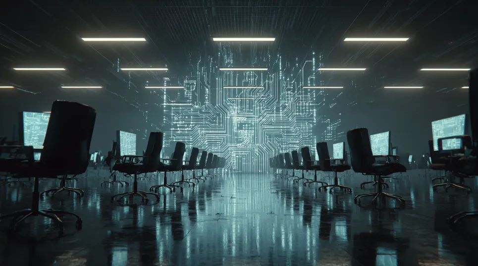 Empty office with fading Gen Z workers and glowing AI circuits, illustrating AI job losses and collapsing credit scores.