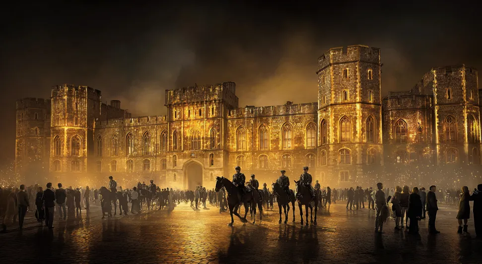 Trump celebrated in royal pageantry inside Windsor Castle, while protest projections light the walls outside.