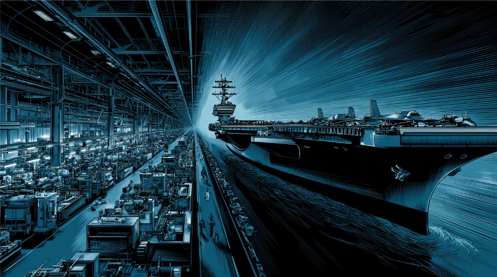 Illustration of a massive aircraft carrier inside a factory production line, symbolizing the military-industrial complex, defense manufacturing, and naval power.
