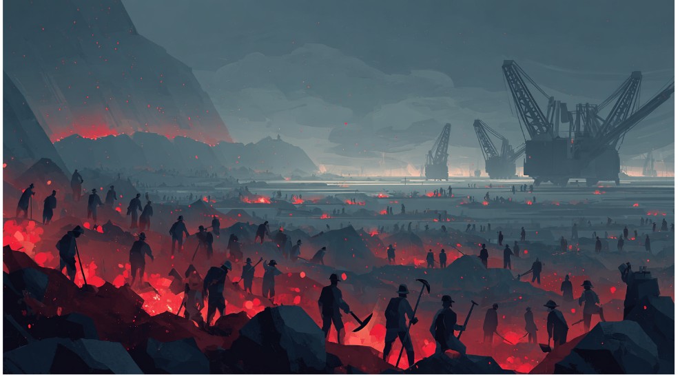 Silhouettes of workers mining glowing red rare earth minerals with industrial cranes in the background, symbolizing resource extraction and labor intensity.
