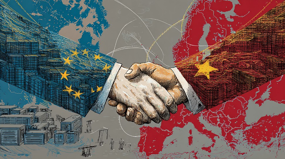 Illustration of China and European Union leaders shaking hands with trade routes and containers, representing China–EU economic relations and global trade deals.