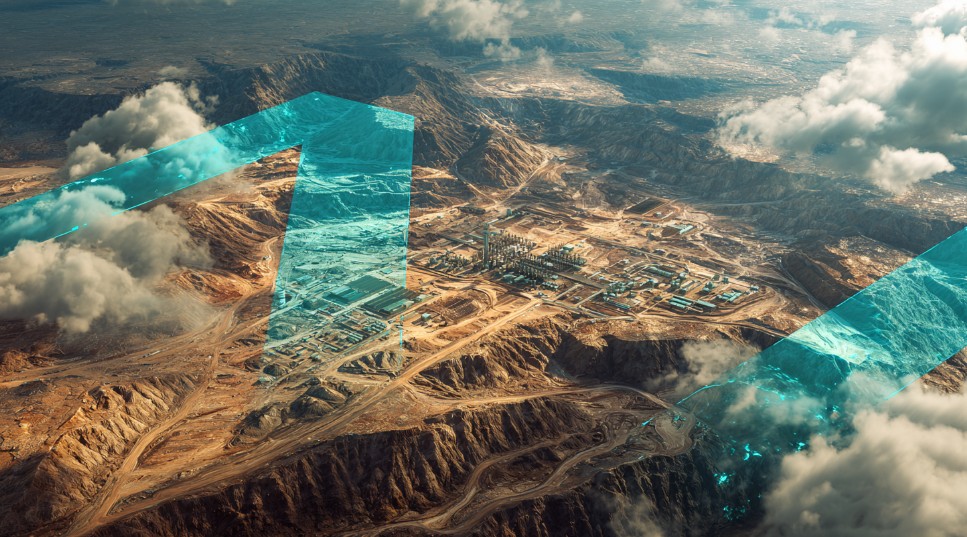 Aerial view of mining operations in a desert landscape with futuristic overlays, symbolizing rare earth mineral extraction and global resource competition.
