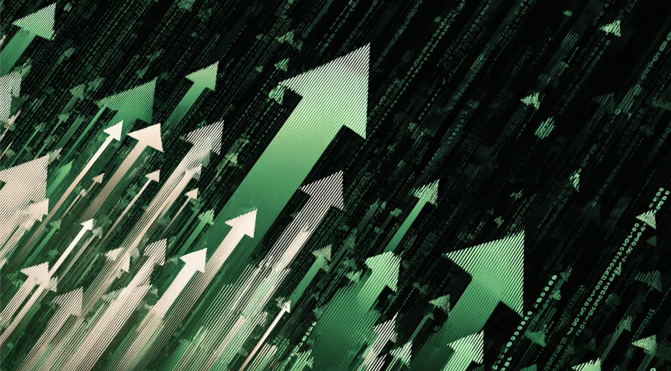 Digital illustration of multiple green arrows pointing upward, symbolizing stock market growth, financial trends, and economic expansion.