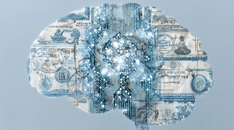 Artificial intelligence brain overlayed with vintage dollar bills and circuit patterns, representing AI in finance, fintech innovation, and digital economy.