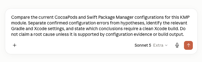 Compare the current CocoaPods and Swift Package Manager configurations for this KMP module. Separate confirmed configuration errors from hypotheses, identify the relevant Gradle and Xcode settings, and state which conclusions require a clean Xcode build. Do not claim a root cause unless it is supported by configuration evidence or build output.