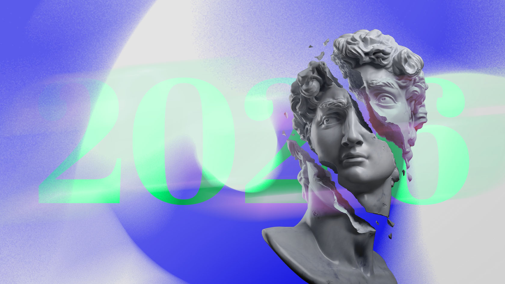 Die Jahreszahl 2026 im Hintergrund, davor ein zerbrochener Kopf einer Steinstatue