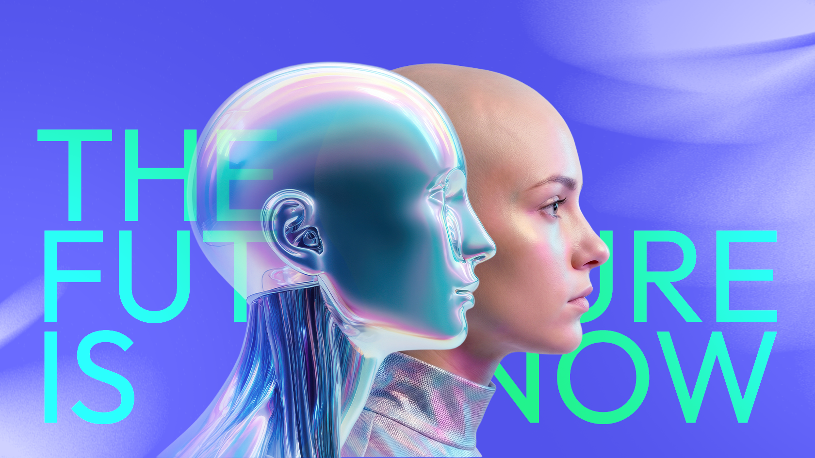 Futuristische Illustration mit dem Schriftzug „THE FUTURE IS NOW“ auf blau-violettem Hintergrund. Überlagerte Profile eines transparenten humanoiden Roboters und eines menschlichen Gesichts symbolisieren die Verbindung von Mensch und KI.