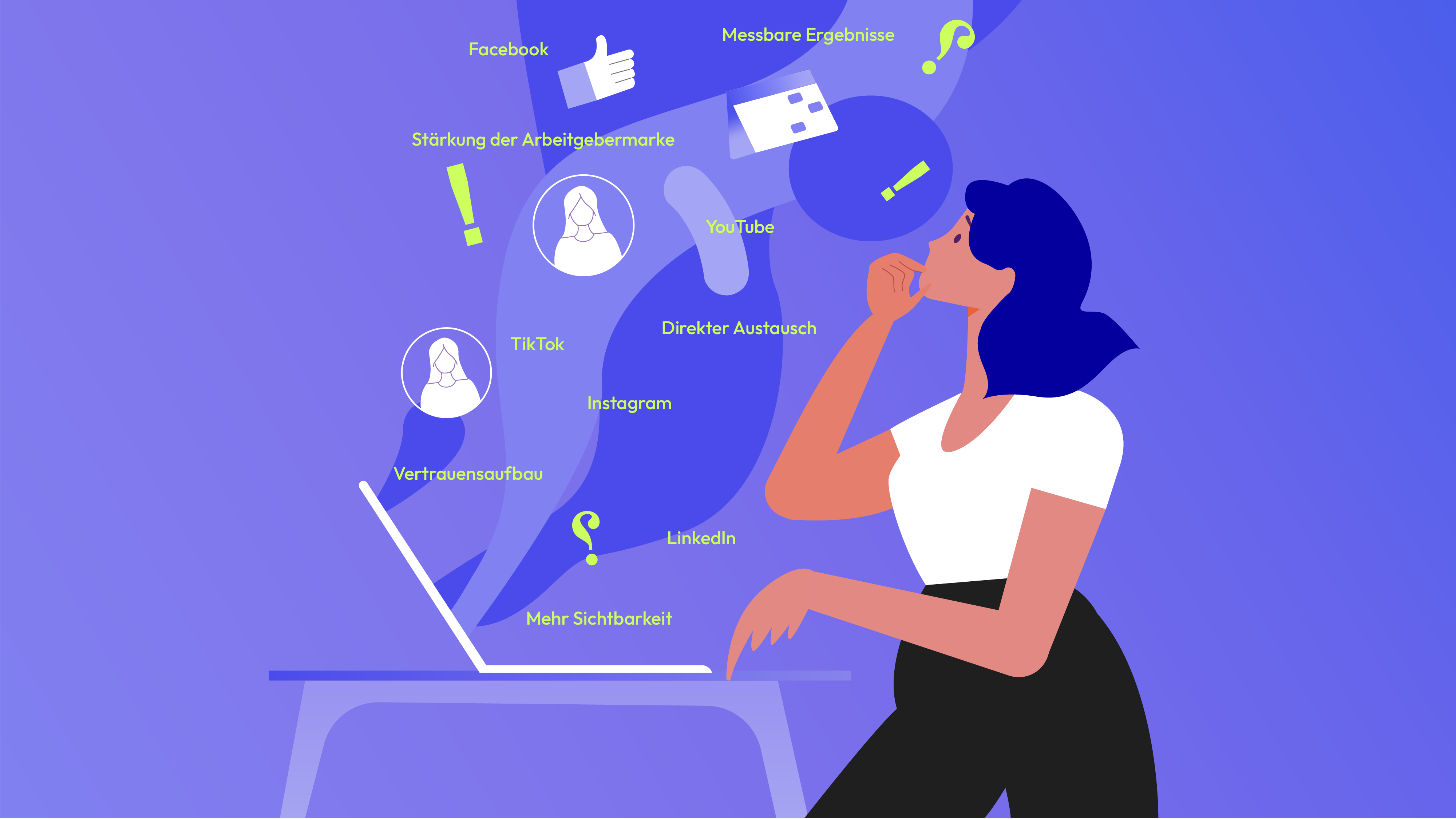 Illustration einer nachdenklichen Frau am Laptop, aus dem Social-Media-Begriffe und Icons aufsteigen.
