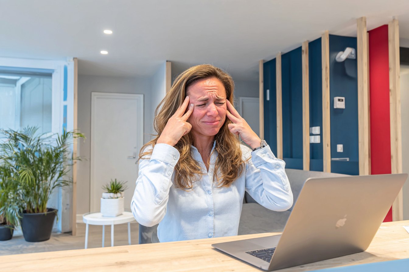 Frau am Laptop drückt sich mit angespanntem Gesicht die Finger an die Schläfen