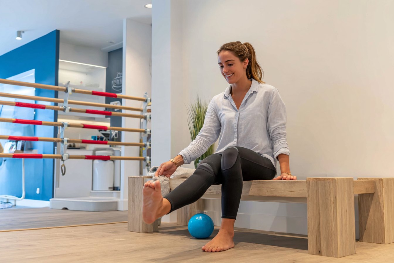 Läuferin rollt die Fusssohle über einen Massageball