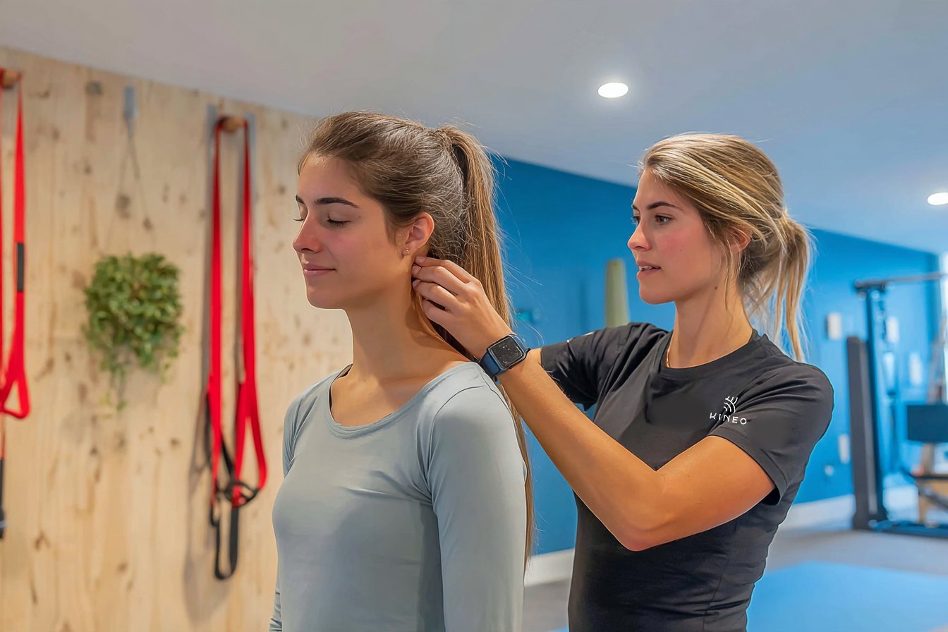 Physiotherapeutin im schwarzen Kineo-Shirt tastet das Kiefergelenk einer stehenden Patientin direkt vor dem Ohr ab