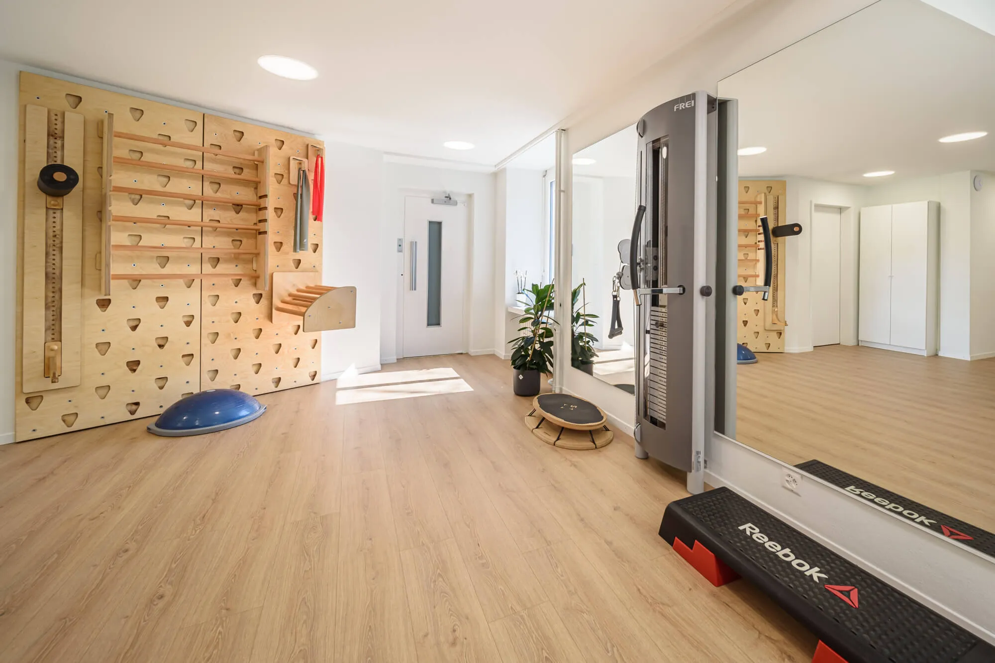 Trainingsraum der Kineo Praxis Seefeld mit Sprossenwand, Bosu, Kabelzug, Spiegel und Step