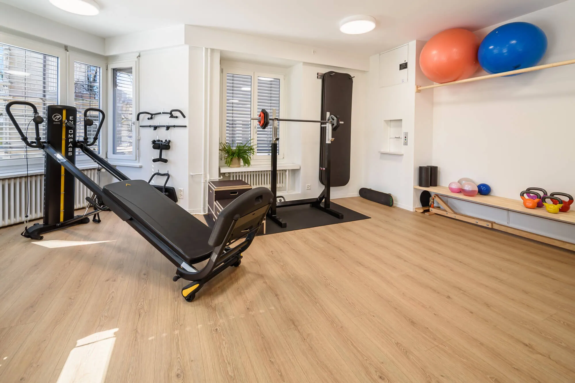 Trainingsraum der Kineo Praxis Seefeld mit Schrägbank, Langhantel-Rack, Gymnastikbällen und Kettlebells