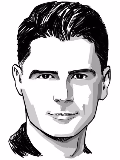 Black and white digital illustration of a man's face with neatly combed hair and neutral expression.