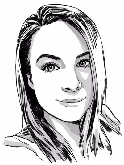 Black and white digital sketch of a woman with shoulder-length hair, looking forward with a slight smile.