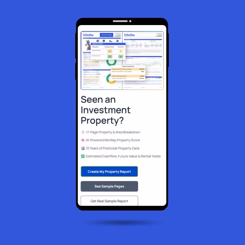 Mobile phone screen showing an investment property report advertisement with features like 17-page breakdown, AI-powered score, 10 years of data, and estimated cashflow, with buttons to create report or see samples.