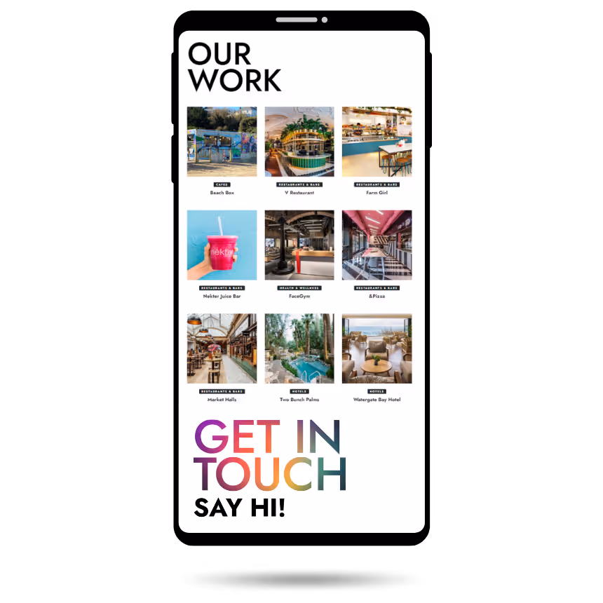 Grid of nine photos showcasing various businesses including cafes, restaurants, bars, gyms, and hotels with labels and names, titled 'Our Work', followed by colorful text saying 'Get in Touch Say Hi!'