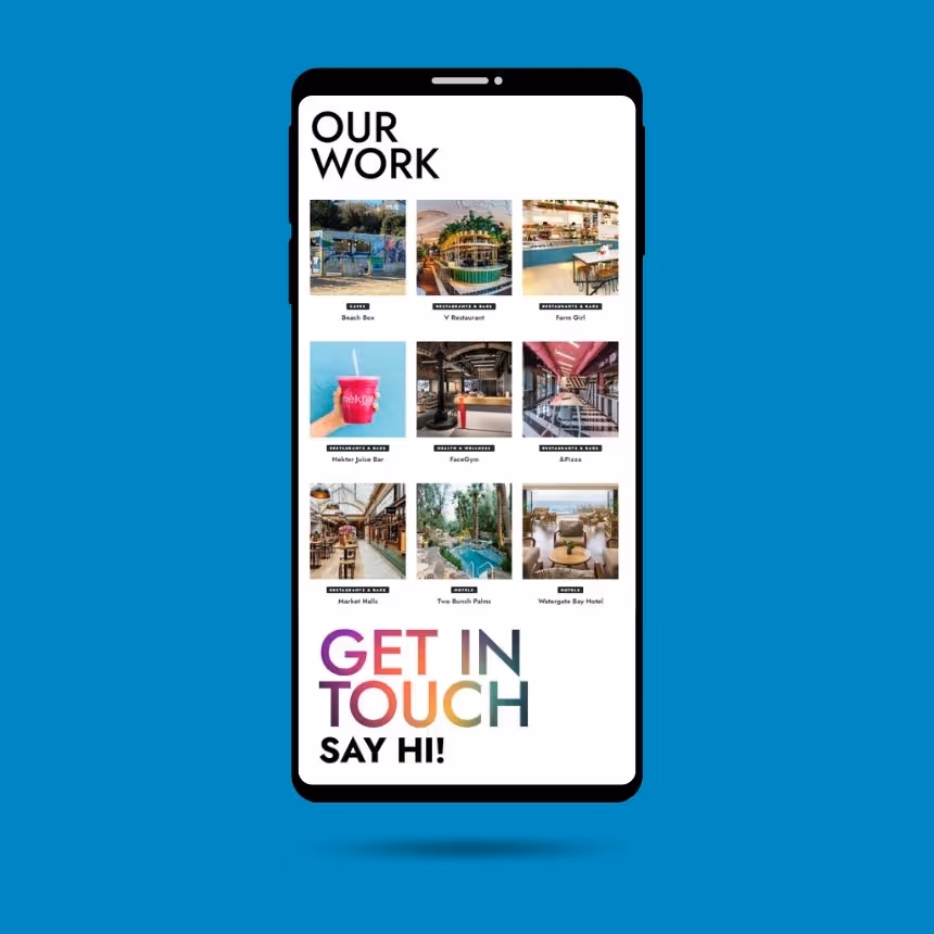 Smartphone screen displaying a portfolio grid of nine photos showcasing various businesses under headings like bars, restaurants, and hotels, with a colorful 'GET IN TOUCH SAY HI!' text at the bottom.