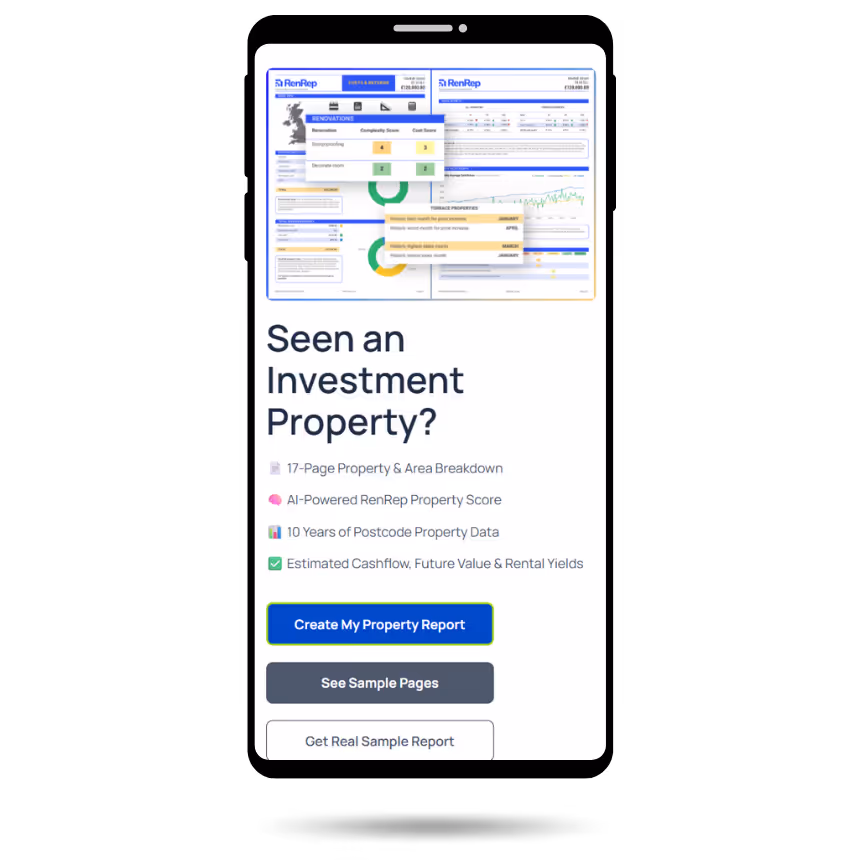 Mobile screen showing RenRep property report features including 17-page breakdown, AI-powered score, 10 years of postcode data, and estimated cashflow, with buttons to create report or see samples.