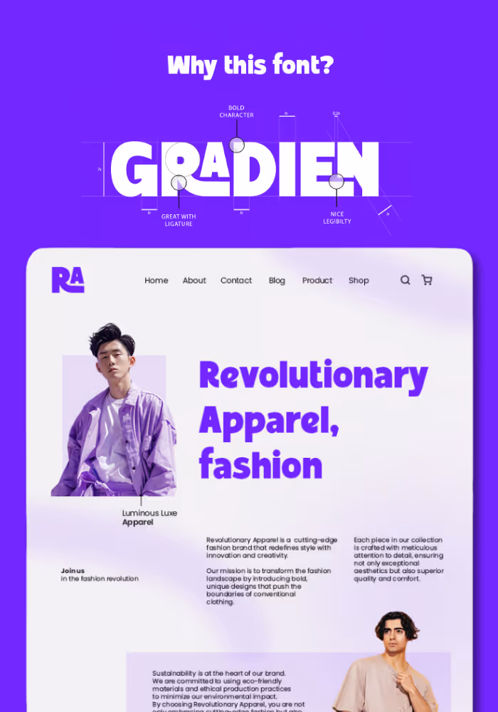 Fashion brand website design featuring bold, legible font with design notes, headline 'Revolutionary Apparel, fashion,' and photos of two models in purple and beige clothing.