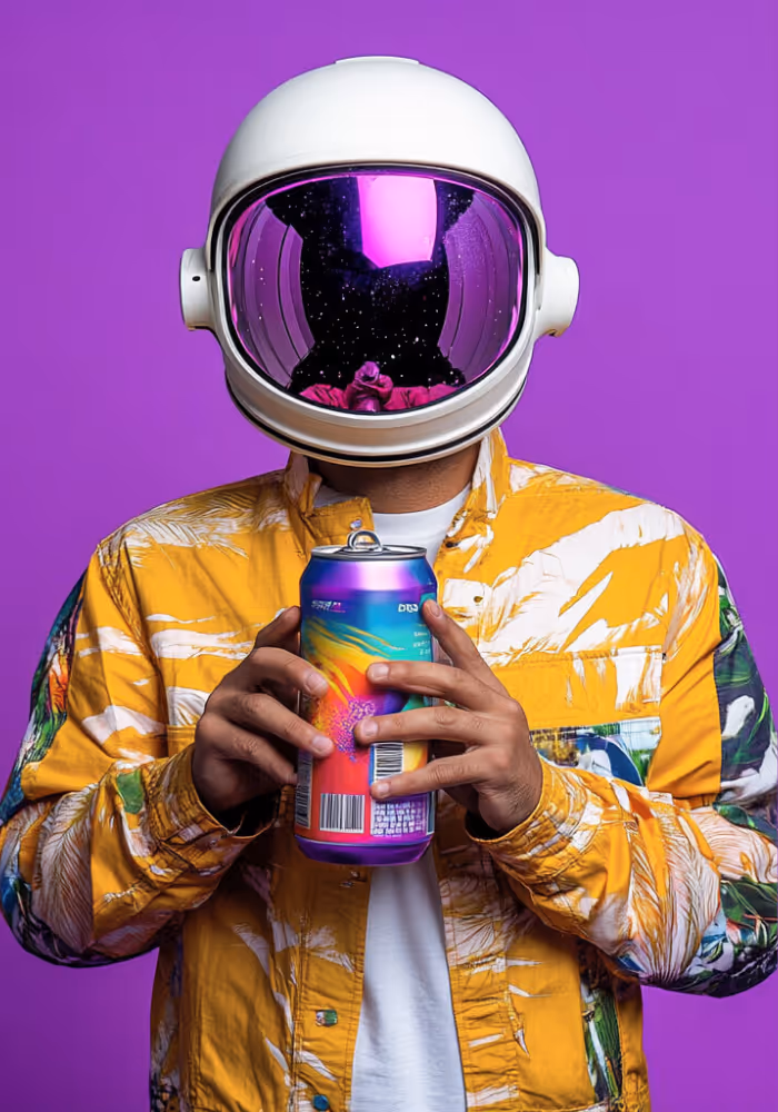 Person wearing a white astronaut helmet and a yellow patterned jacket holding a colorful soda can against a purple background.